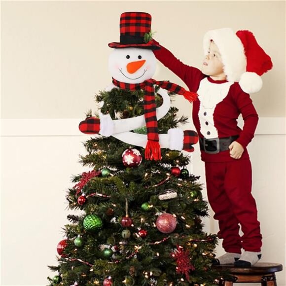 Large Plush Snowman Tree Topper - Red & Black Plaid Hat & Scarf - Picture 3 of 7
